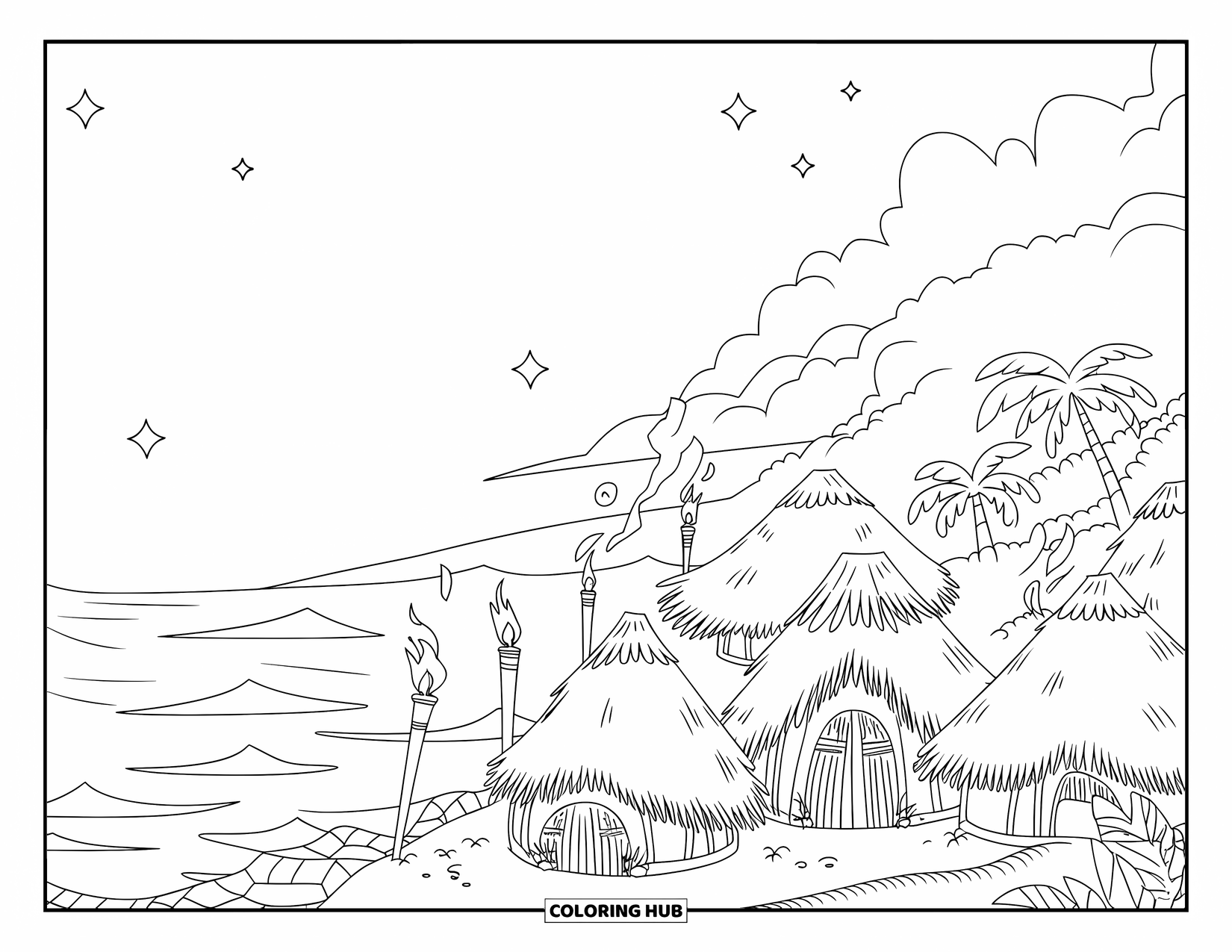 Hawaiian Coloring Page for Kids: A Hawaiian village with huts, torches, and waves under a starry sky
