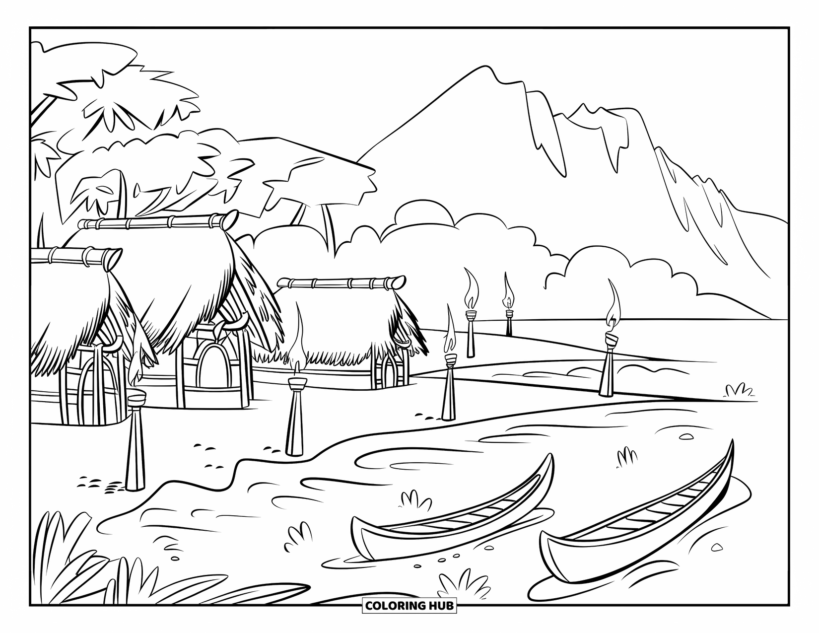 Hawaiian Coloring Page for Kids: A Hawaiian village with thatched huts and torches by the sea