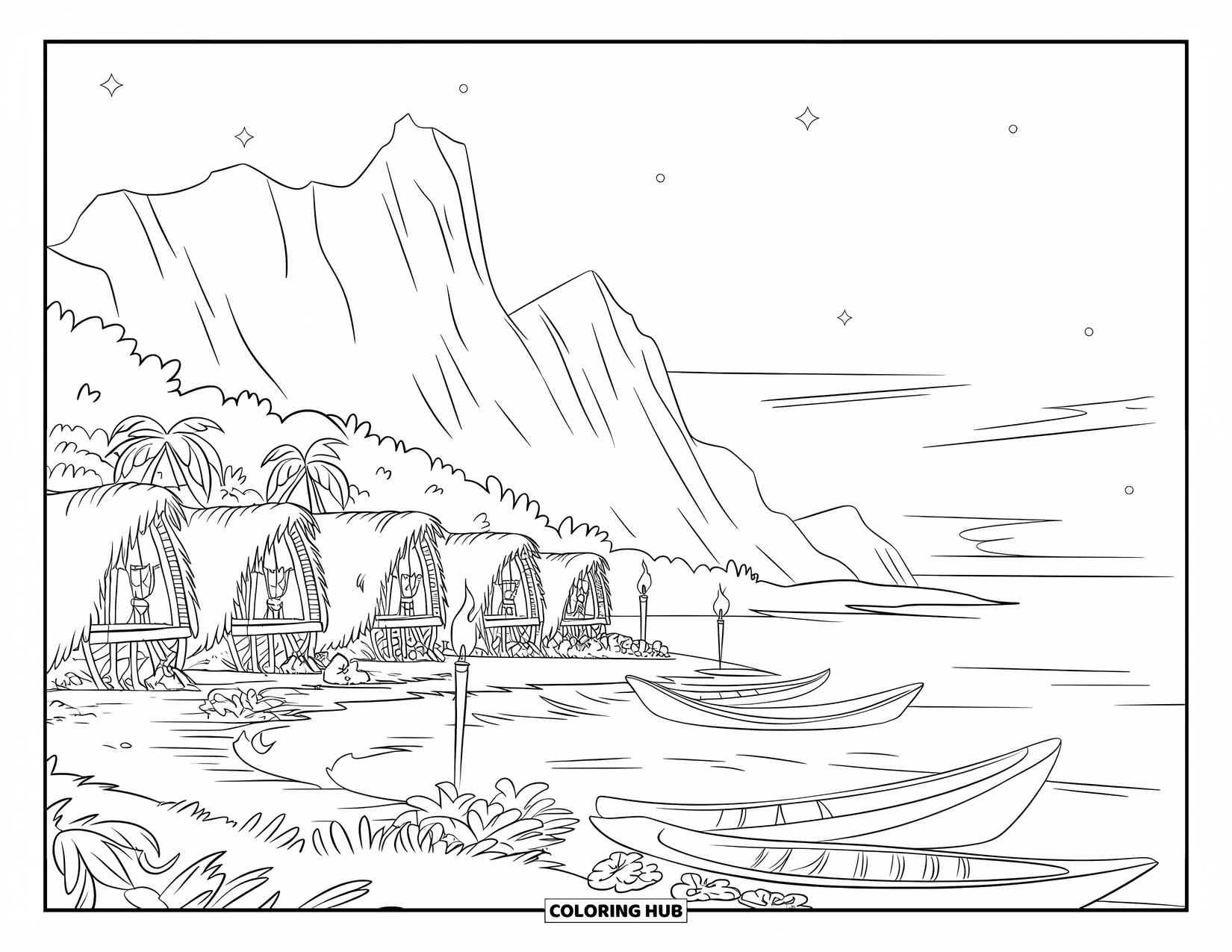 Hawaiian Coloring Page for Kids: A Hawaiian village with thatched huts, canoes, and a calm ocean view