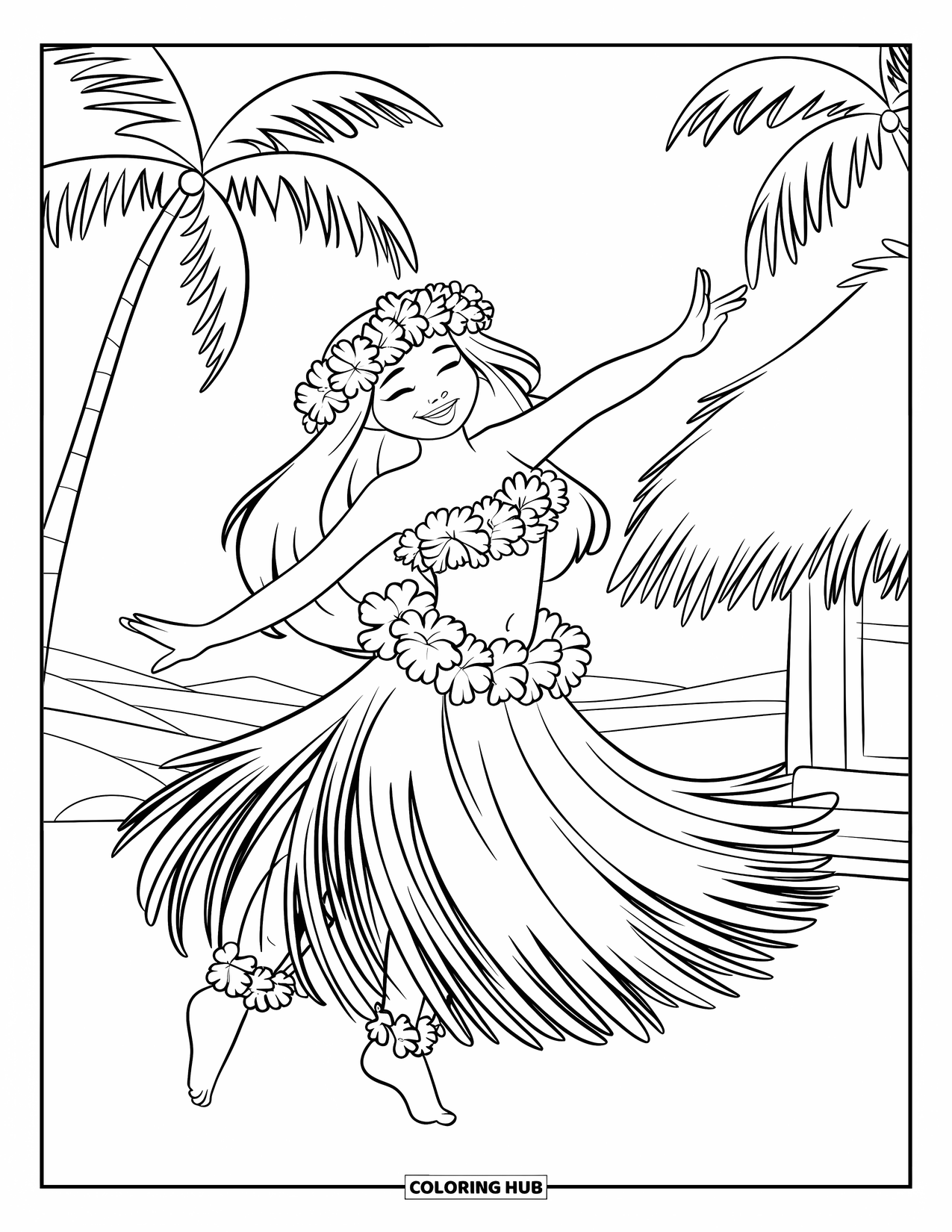 Hawaiian Coloring Page for Kids: A hula dancer mid-spin with a lei and hibiscus flowers