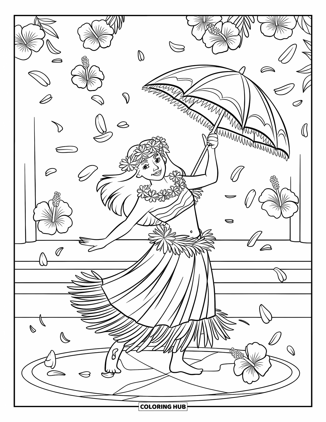 Hawaiian Coloring Page for Kids: A hula dancer surrounded by floating hibiscus petals