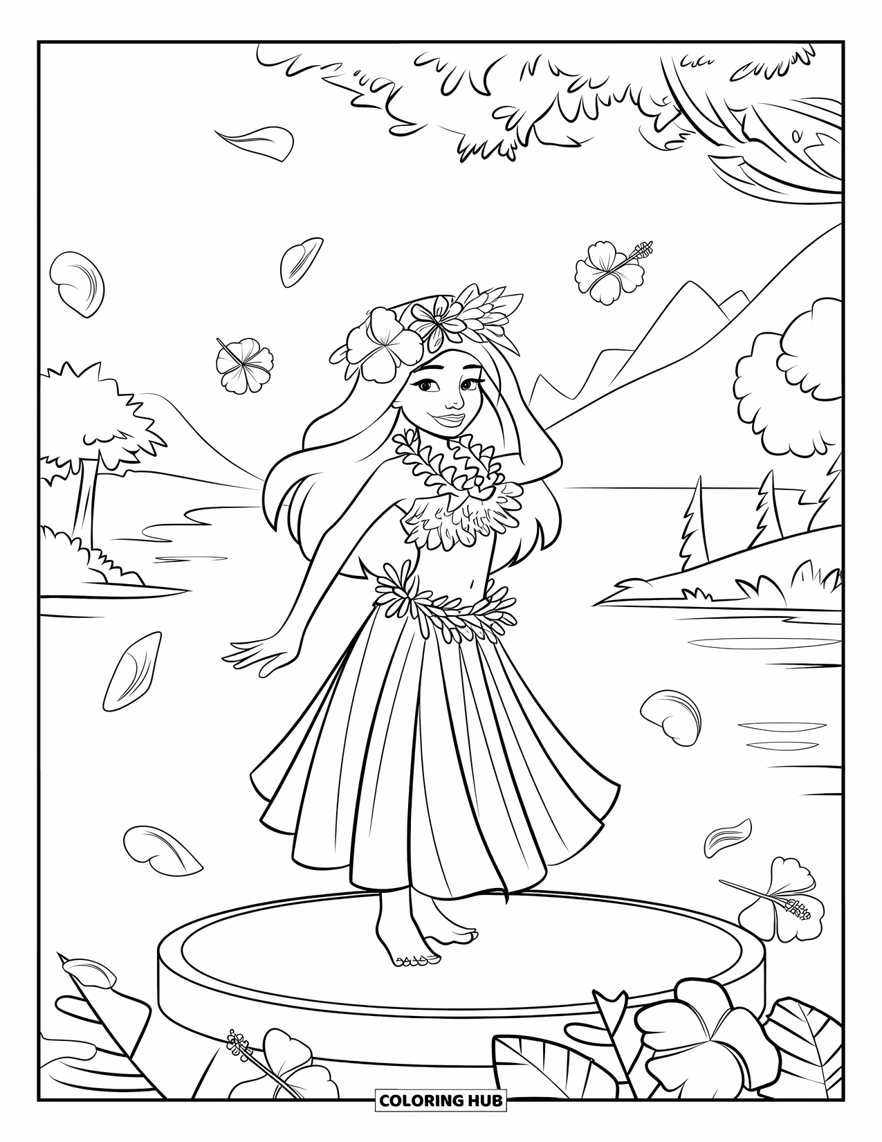 Hawaiian Coloring Page for Kids: A hula dancer with a flower crown and swirling petals