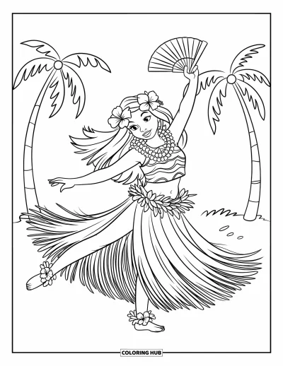 Hawaiisk fargeleggingsark for barn: En hula-danser med en lei og blomster i full spinn