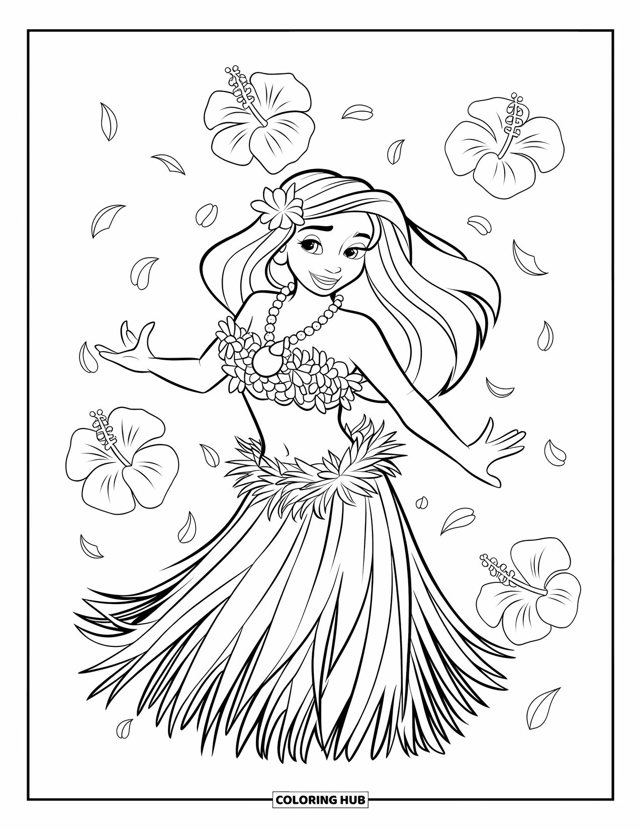 Hawaiian Coloring Page for Kids: A hula dancer with floating hibiscus petals around her