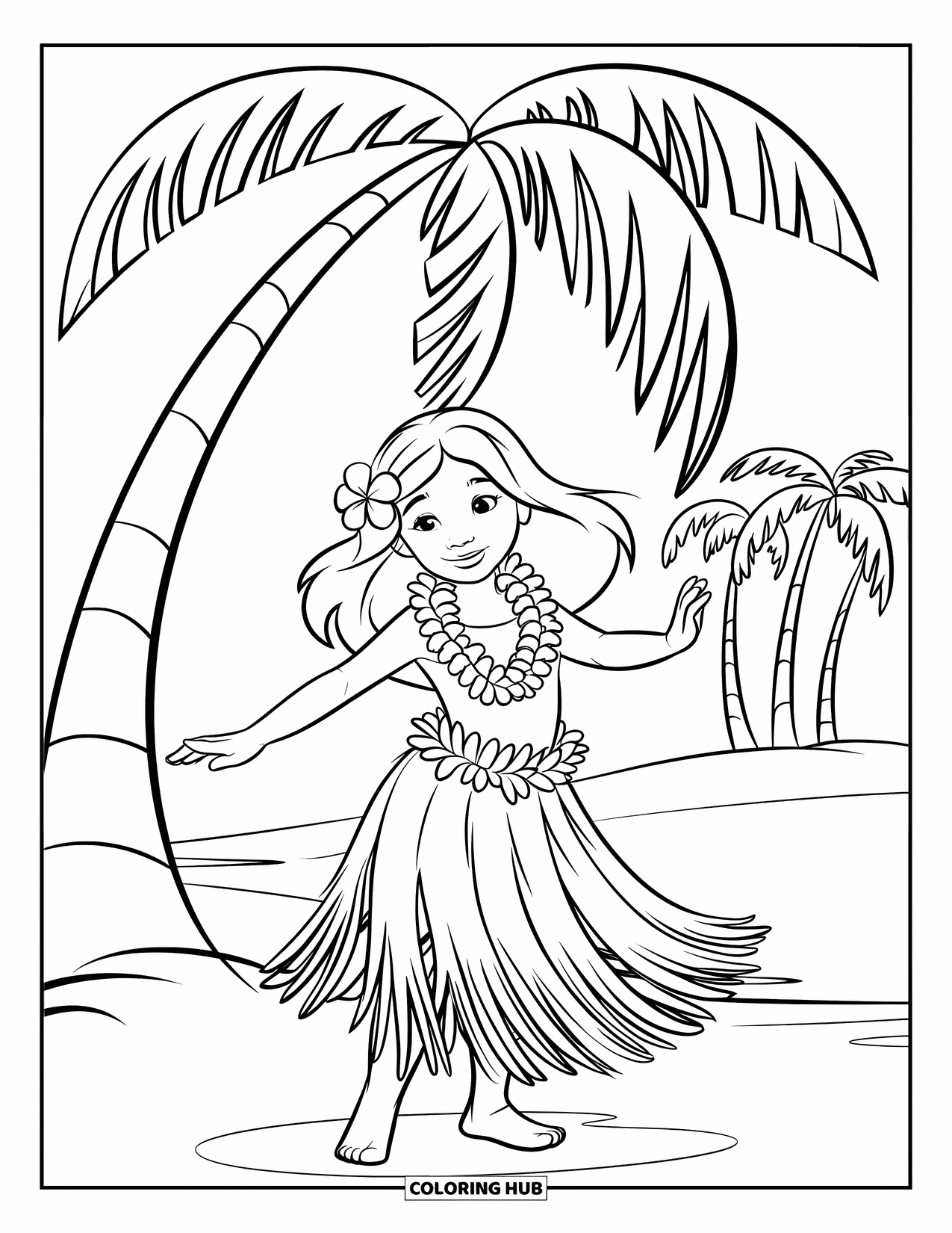 Hawaiian Coloring Page for Kids: A hula girl swaying under a palm tree with a flower lei