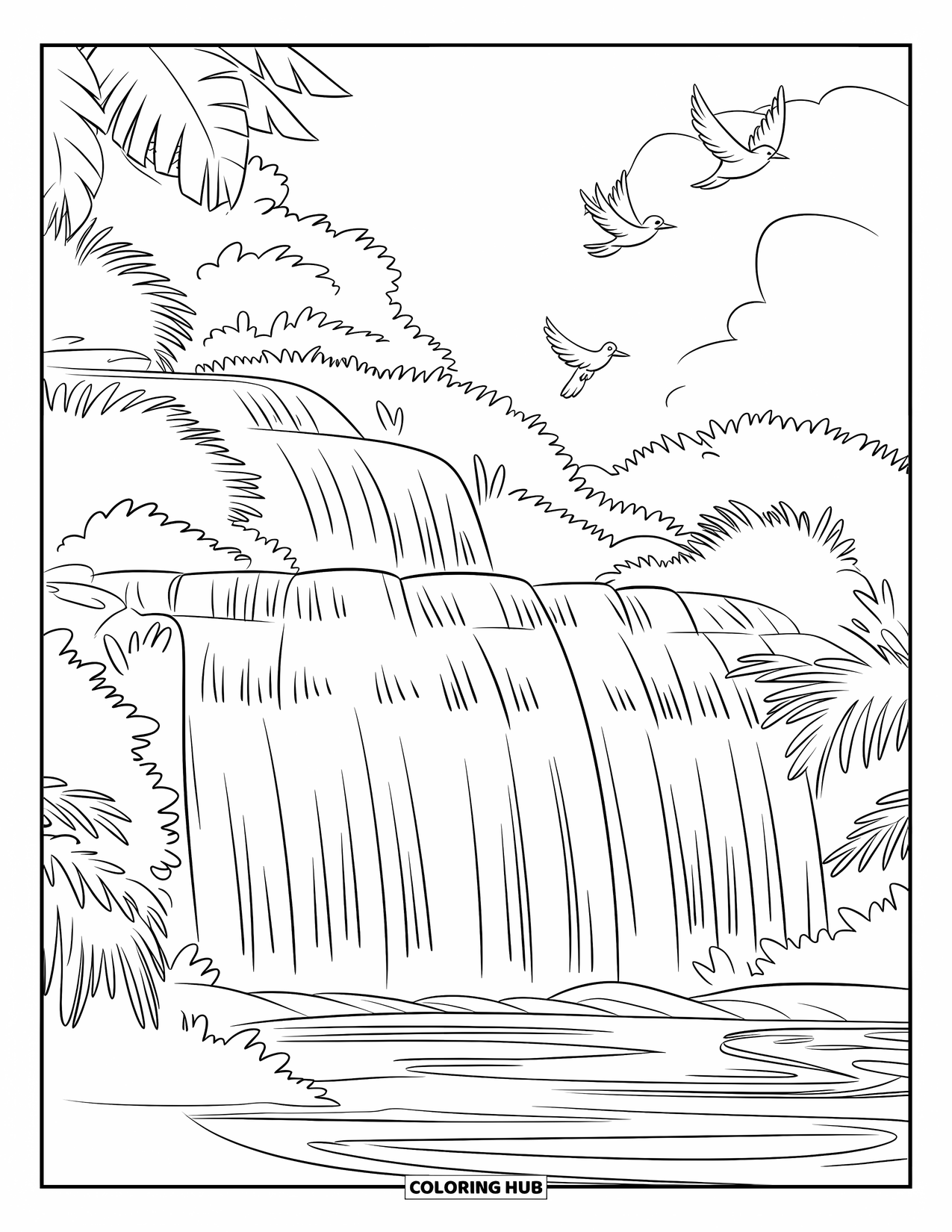 Hawaiian Coloring Page for Kids: A majestic waterfall surrounded by Hawaiian plants and birds