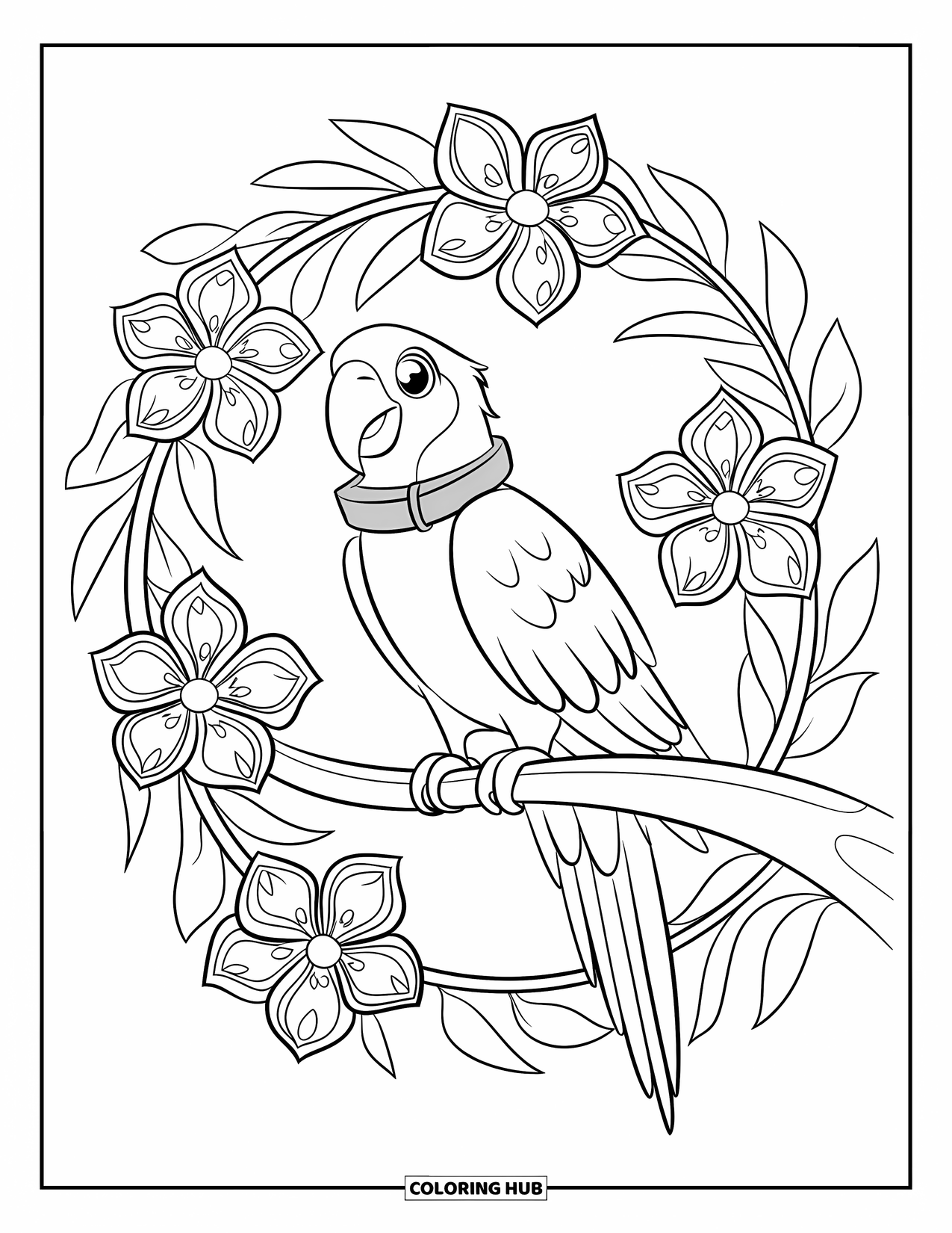 Hawaiian Coloring Page for Kids: A parrot on a branch with Hawaiian flowers around it