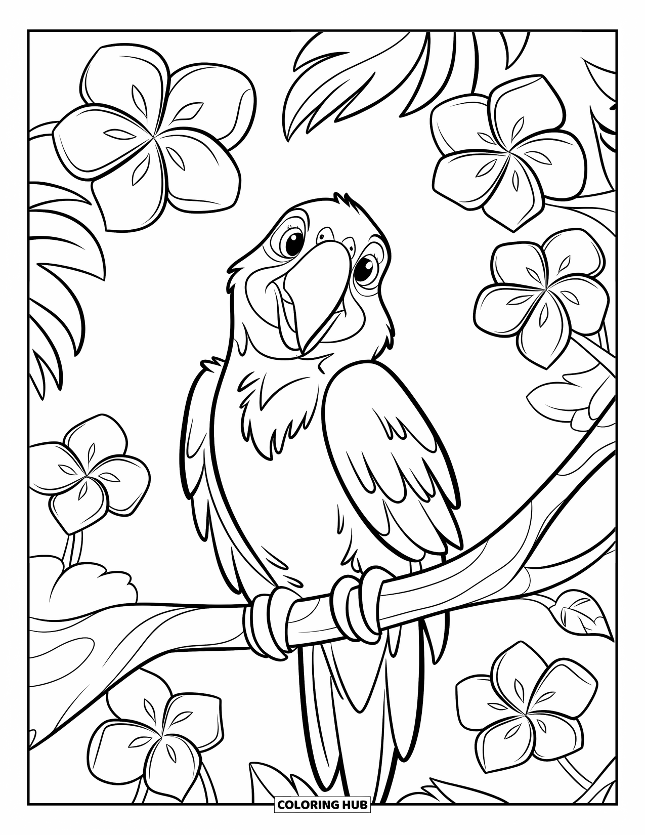 Hawaiian Coloring Page for Kids: A parrot with expressive eyes and flowers nearby