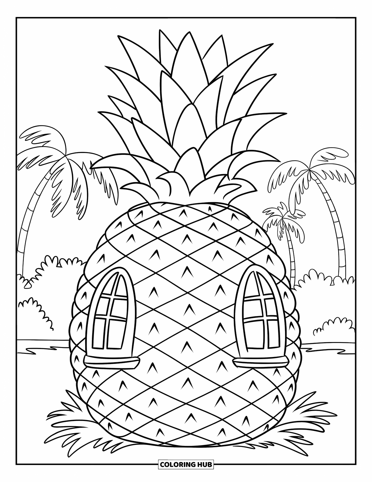 Hawaiian Coloring Page for Kids: A pineapple house with windows and a small door surrounded by greenery