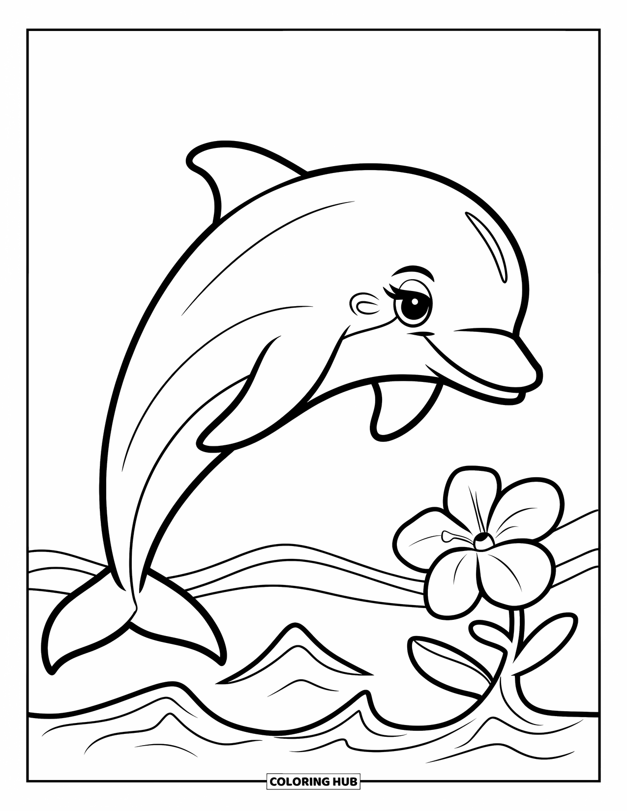 Hawaiian Coloring Page for Kids: A playful dolphin jumping over waves with a flower nearby