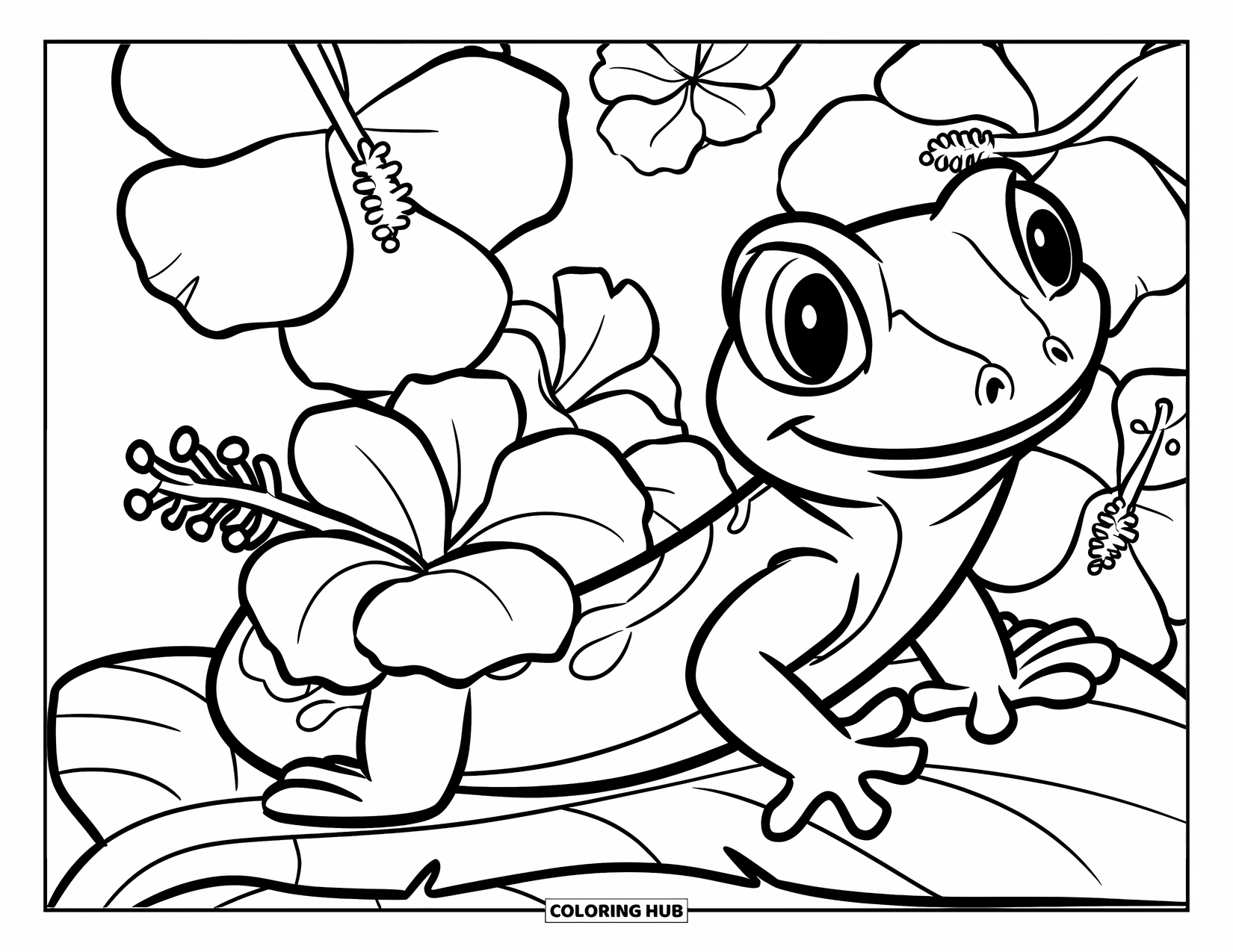 Hawaiian Coloring Page for Kids: A playful gecko with a hibiscus flower on its tail