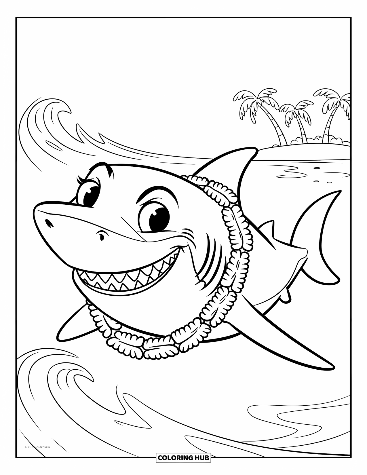 Hawaiian Coloring Page for Kids: A shark wearing a lei, swimming by an island