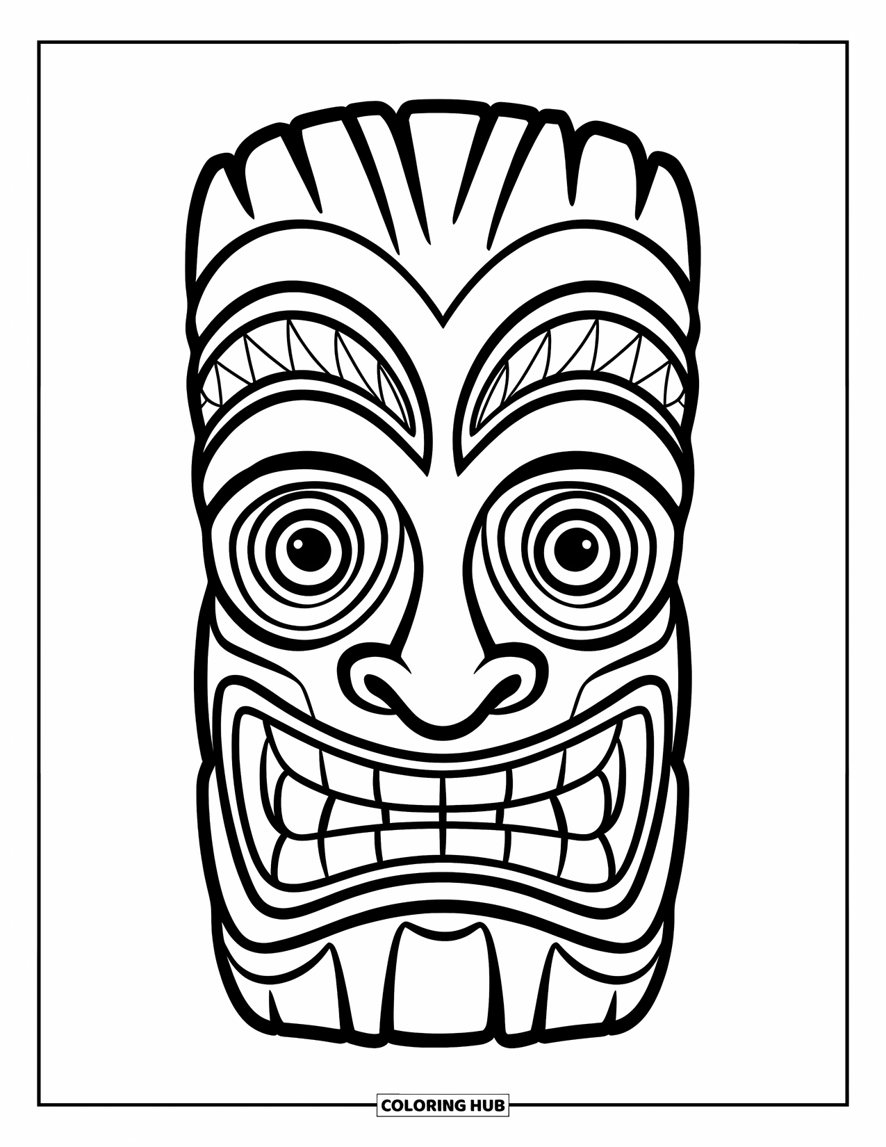 Hawaiian Coloring Page for Kids: A simple tiki mask with big eyes and a warm smile