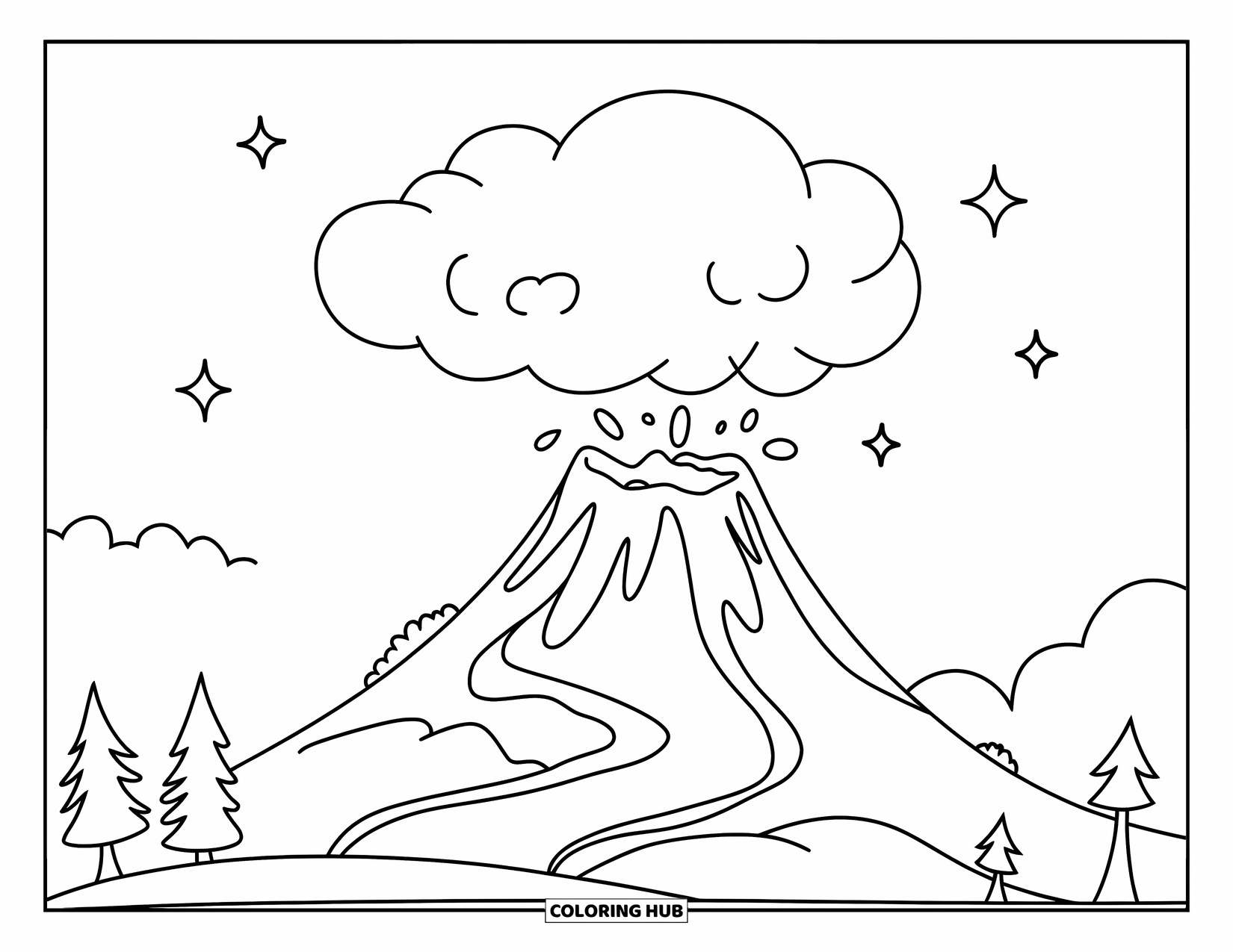 Hawaiian Coloring Page for Kids: A simple volcano with smoke and a fluffy cloud