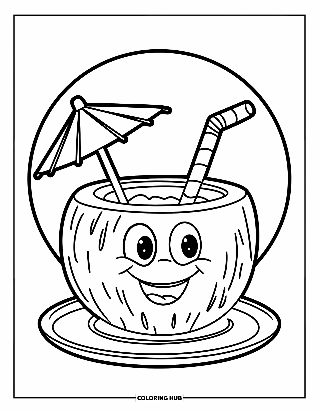 Hawaiian Coloring Page for Kids: A smiling coconut drink with a straw and tropical vibe