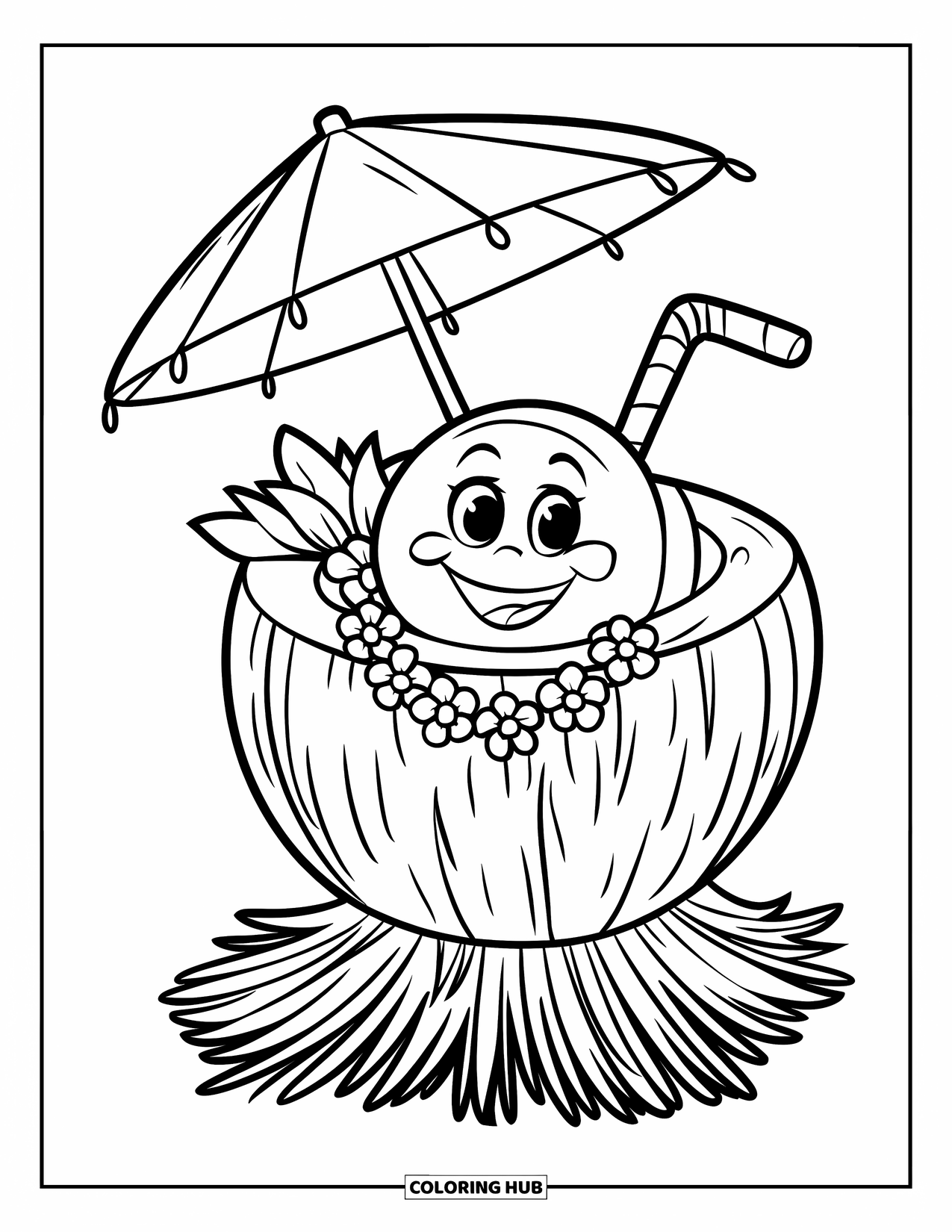 Hawaiian Coloring Page for Kids: A smiling coconut drink with an umbrella and a straw
