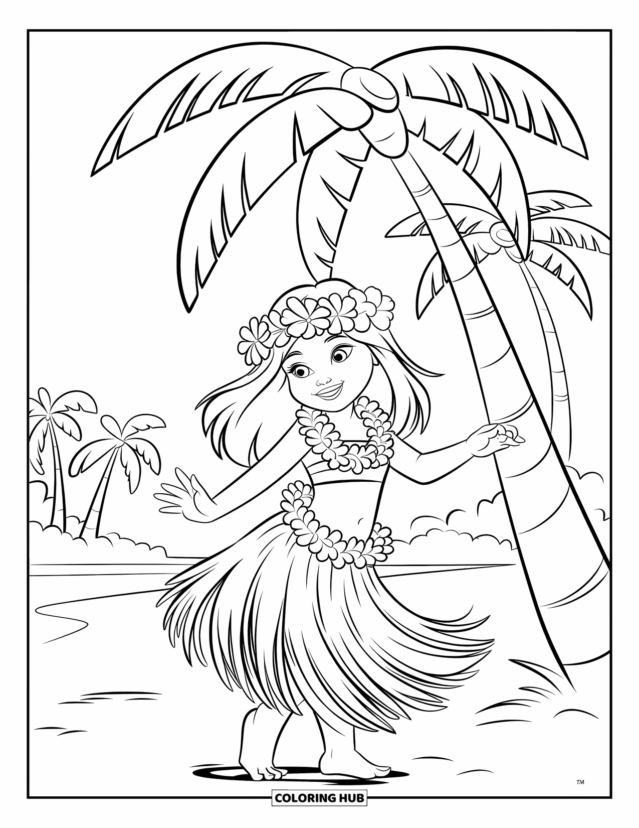 Hawaiian Coloring Page for Kids: A smiling hula girl with a flower lei under a palm tree