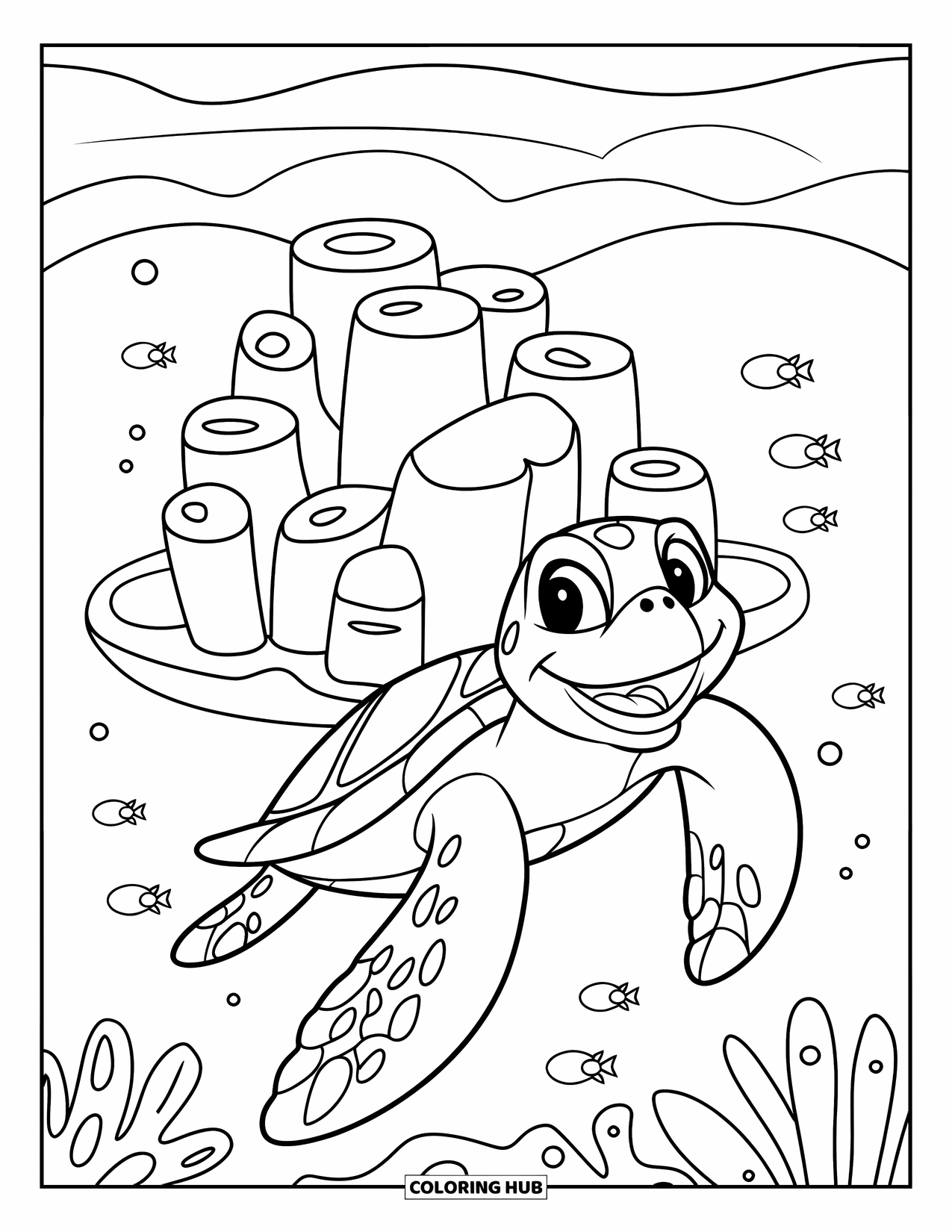 Hawaiian Coloring Page for Kids: A smiling sea turtle near a simple coral reef