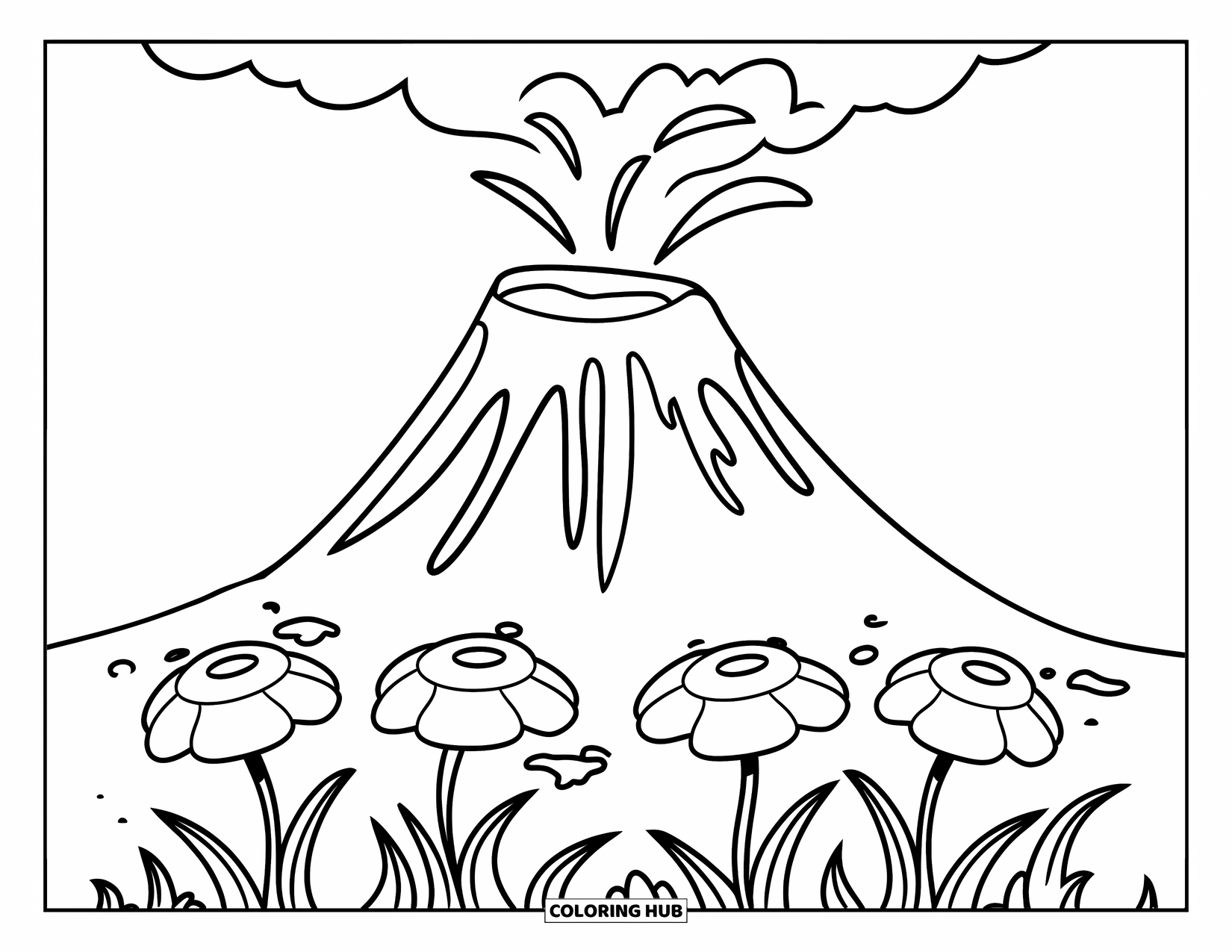 Hawaiian Coloring Page for Kids: A softly erupting volcano with flowers at the base