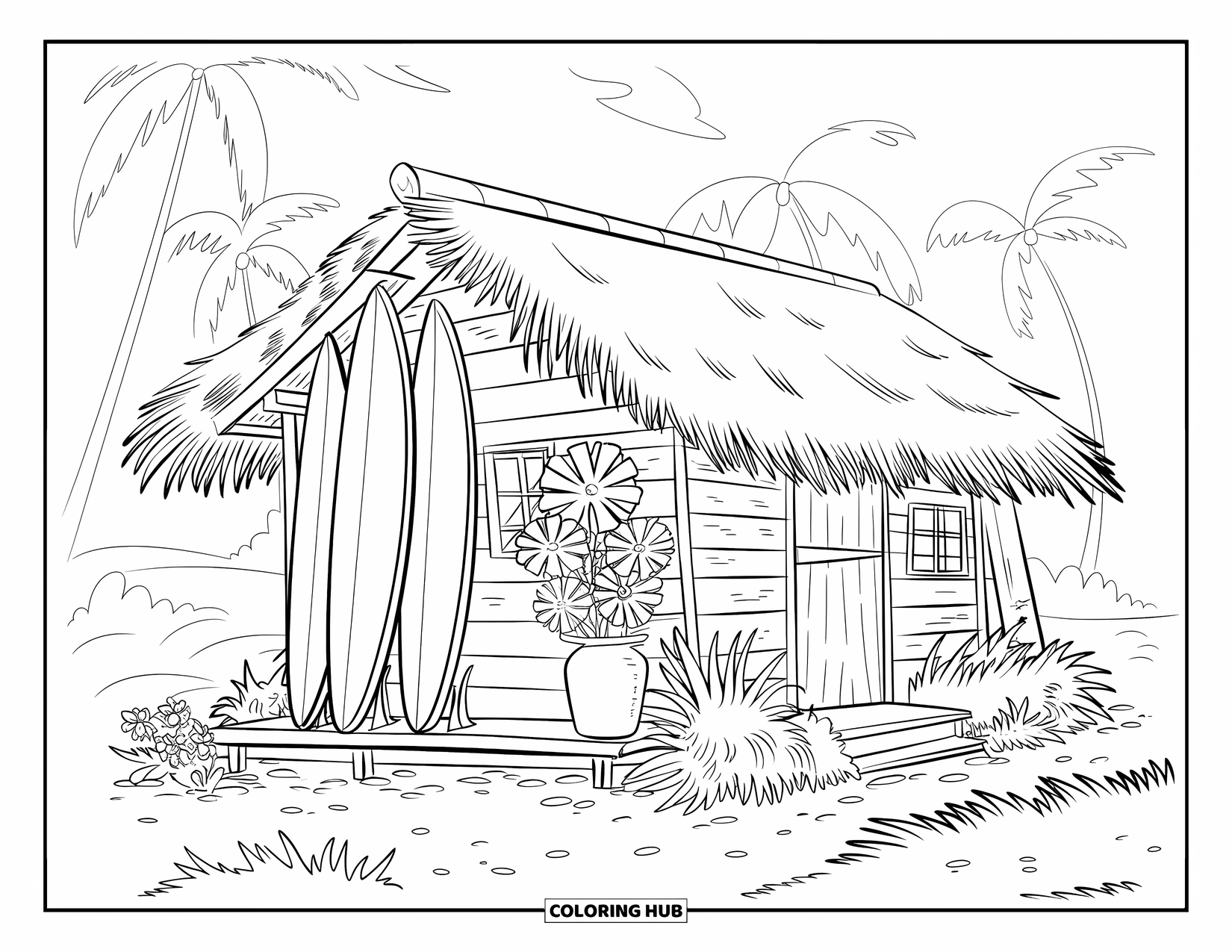 Hawaiian Coloring Page for Kids: A surfer's shack with surfboards and a vase of tropical flowers