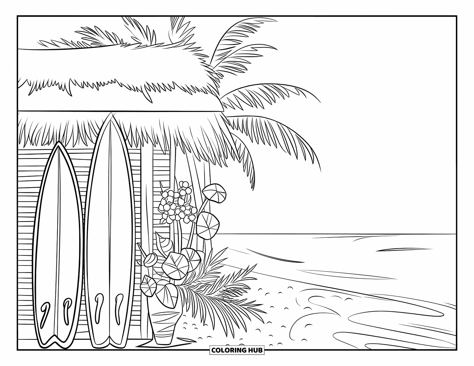 Hawaiian Coloring Page for Kids: A surfer's shack with surfboards and tropical flowers by the beach