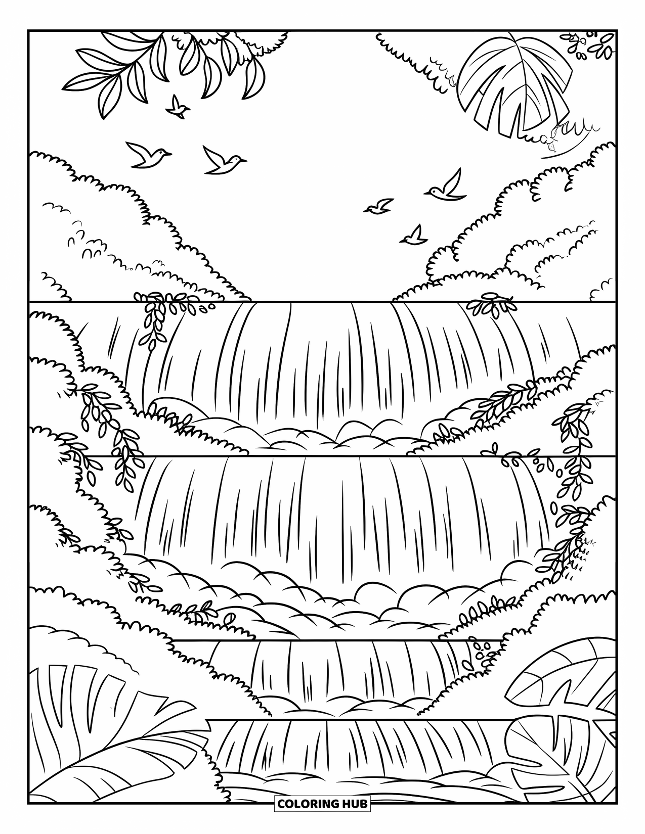 Hawaiian Coloring Page for Kids: A tiered waterfall with vines, leaves, and soaring birds