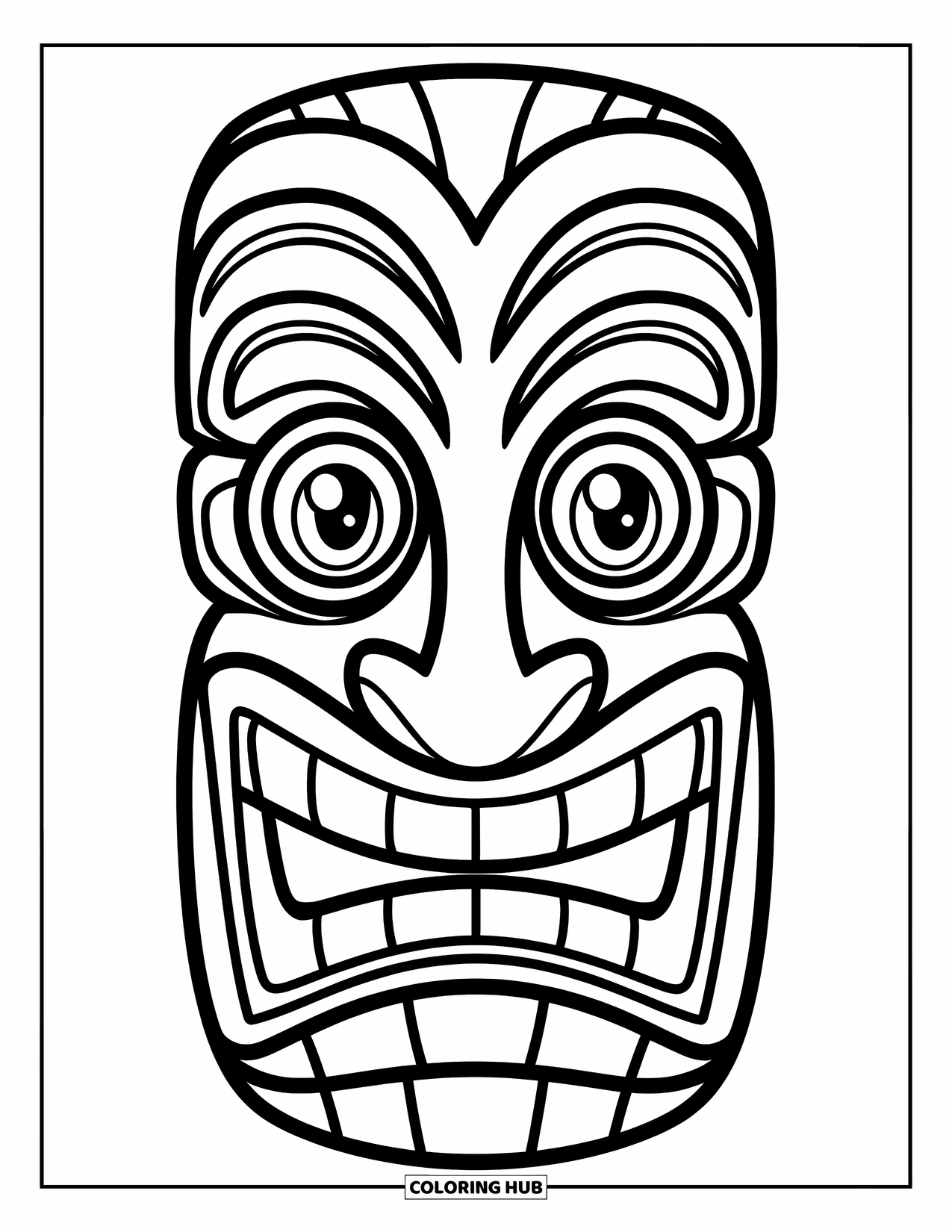Hawaiian Coloring Page for Kids: A tiki mask with a wide grin and friendly eyes