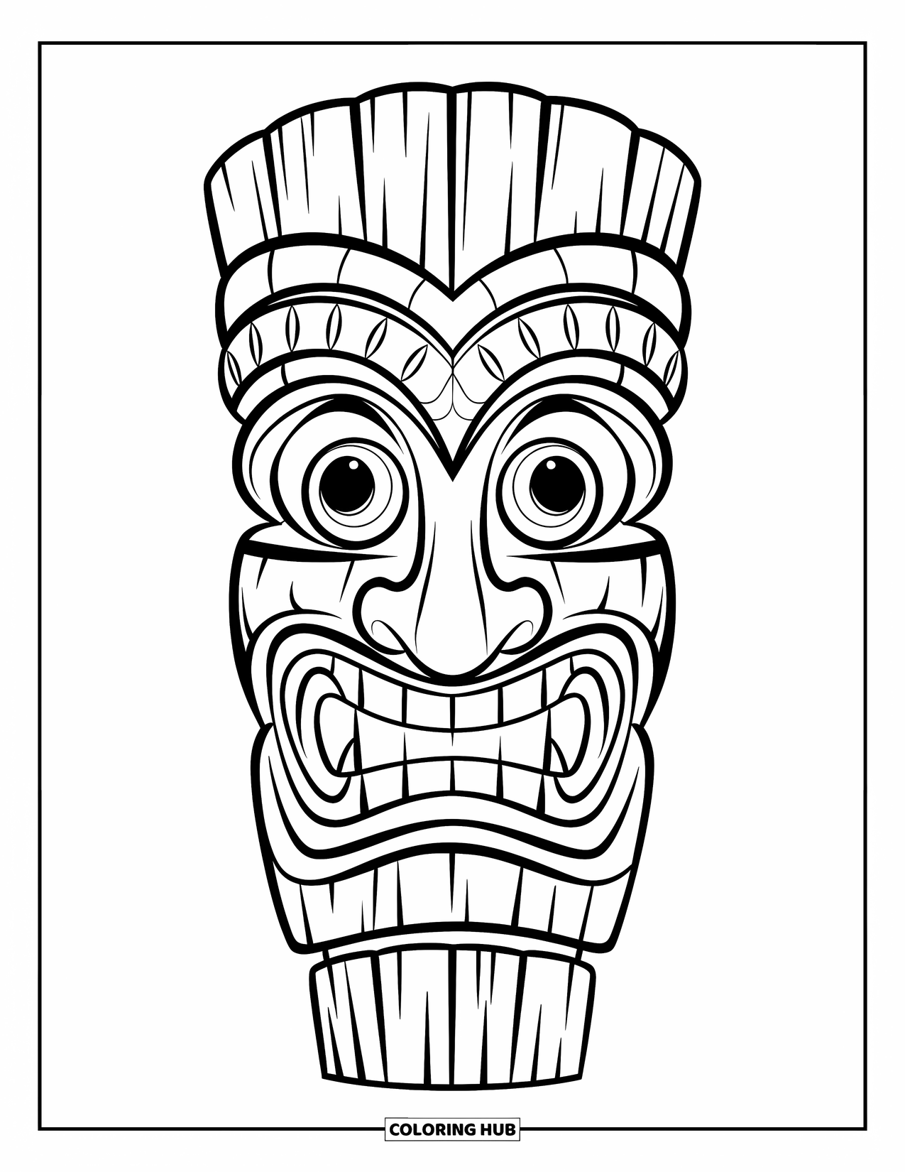 Hawaiian Coloring Page for Kids: A tiki mask with friendly eyes and a wide grin