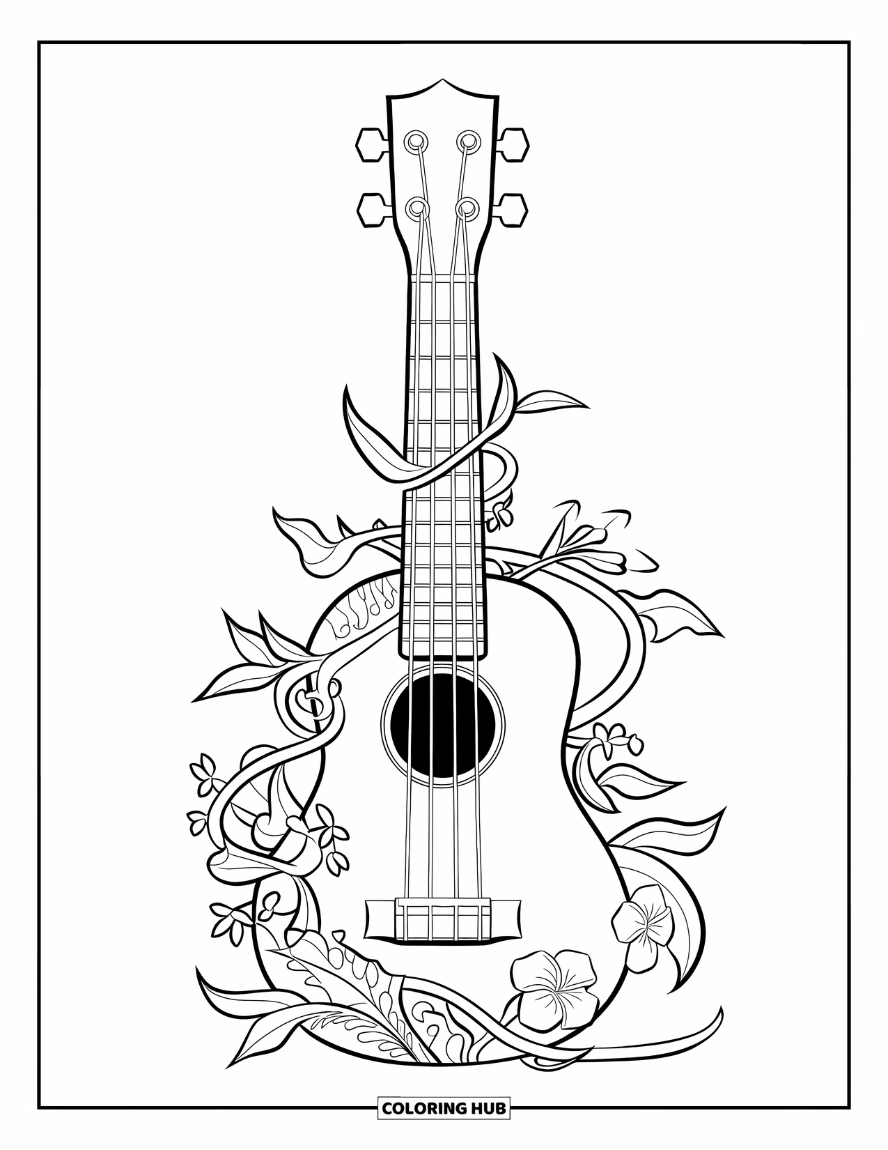 Hawaiian Coloring Page for Kids: A ukulele surrounded by vines and tropical flowers