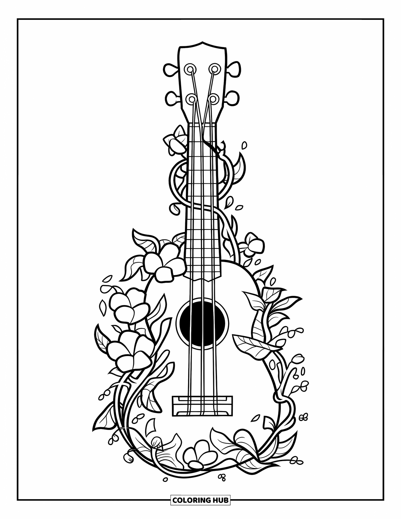 Hawaiian Coloring Page for Kids: A ukulele with detailed vines and flowers entwined