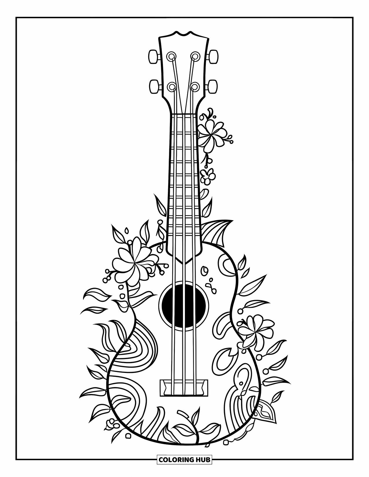 Hawaiian Coloring Page for Kids: A ukulele wrapped with vines and Hawaiian flowers
