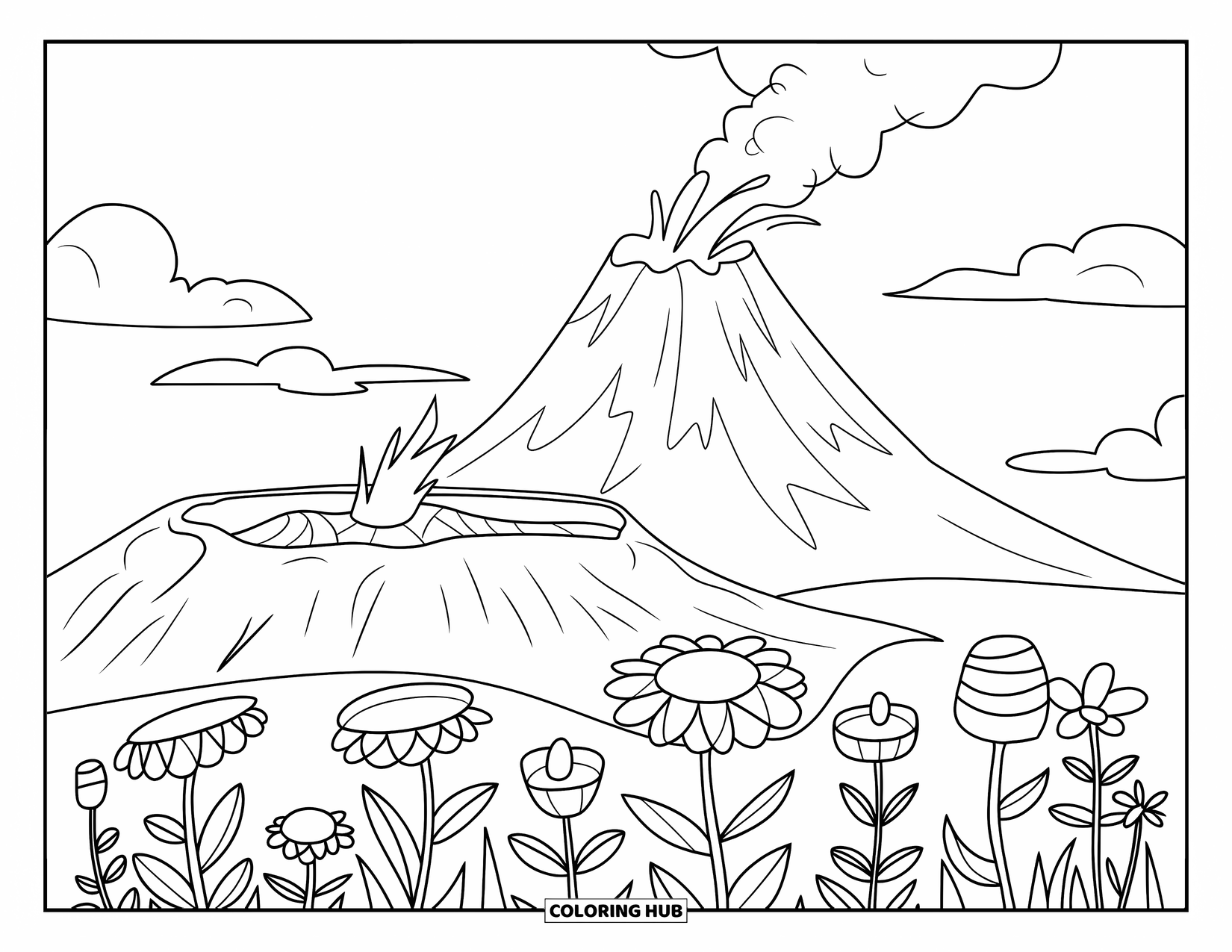 Hawaiian Coloring Page for Kids: A volcano erupting gently with flowers at its base