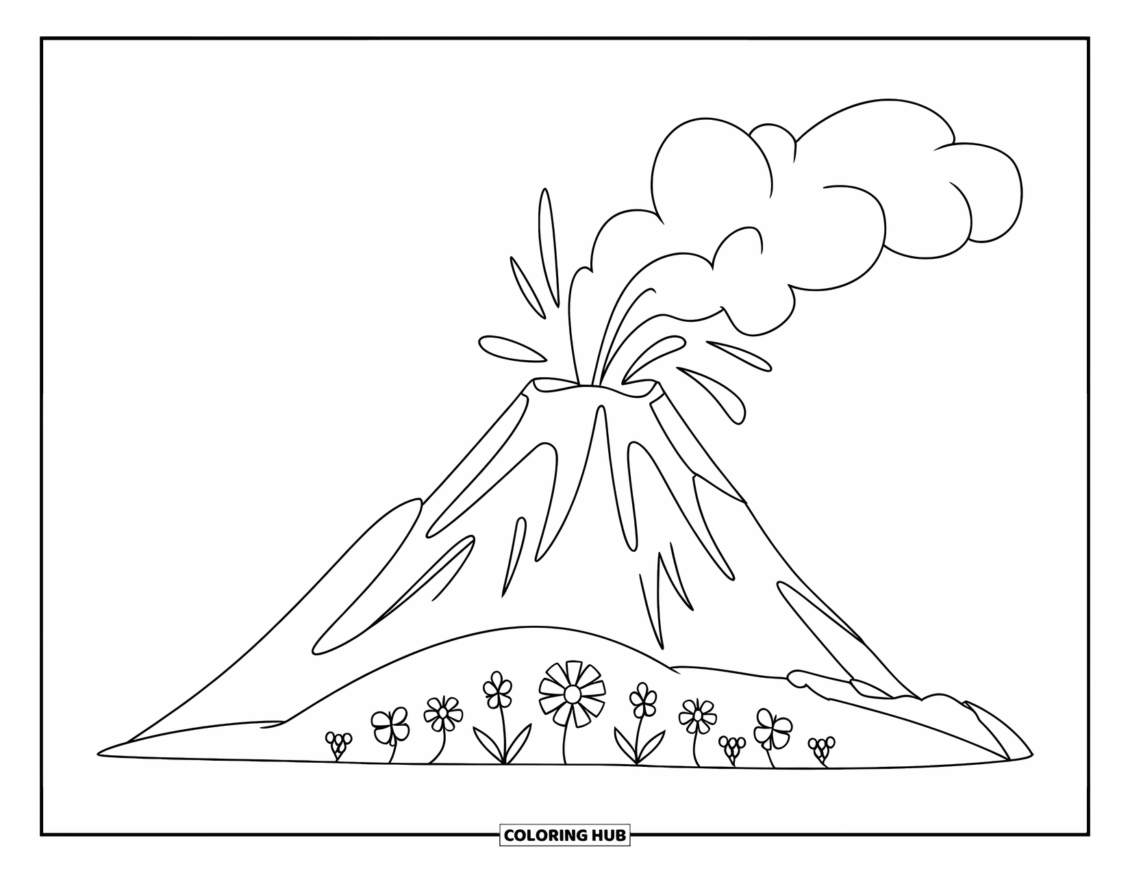 Hawaiian Coloring Page for Kids: A volcano with soft eruptions and flowers growing nearby
