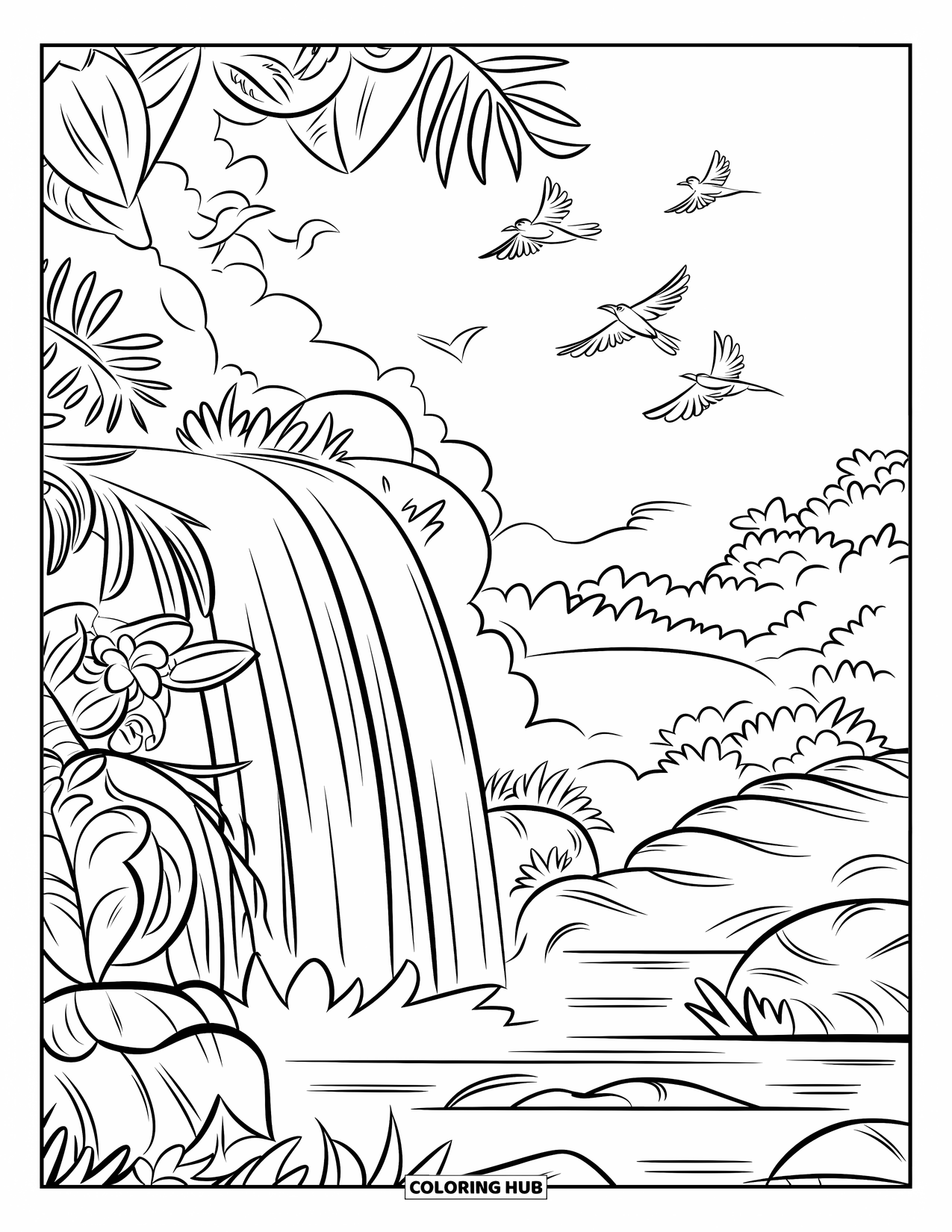 Hawaiian Coloring Page for Kids: A waterfall with large leaves, flowers, and birds soaring above