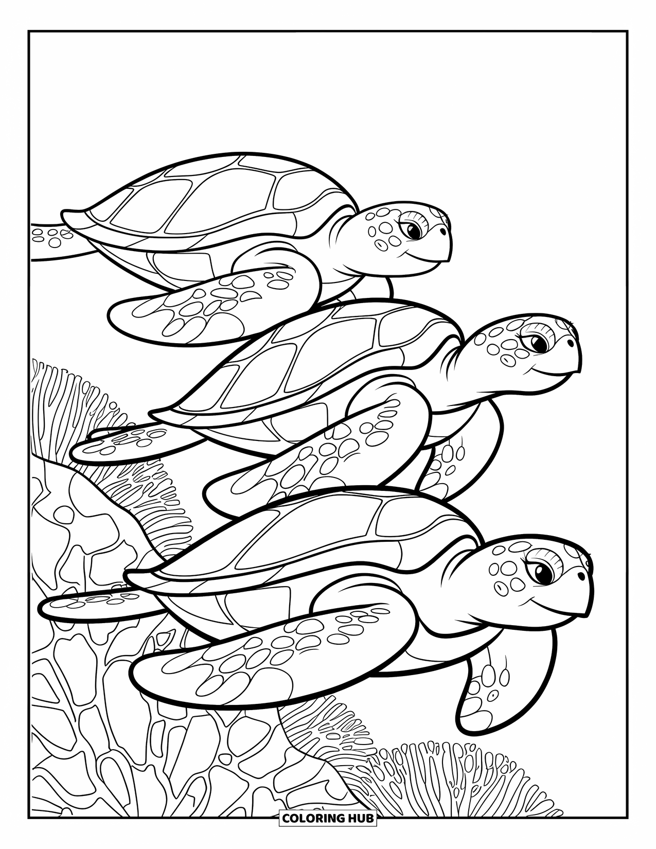 Hawaiian Coloring Page for Kids: Sea turtles gliding over vibrant coral in the ocean