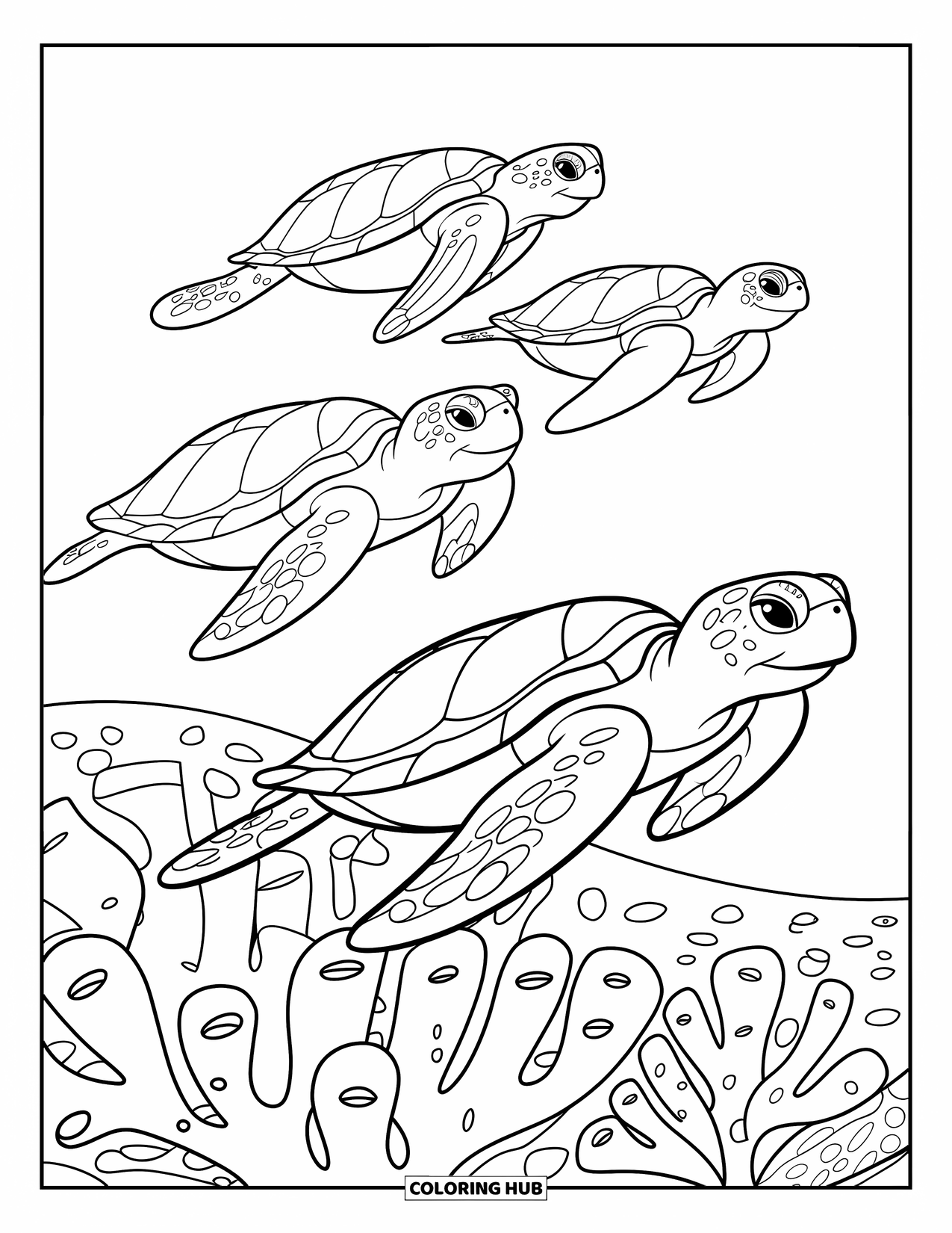 Hawaiian Coloring Page for Kids: Sea turtles with patterned shells above Hawaiian coral