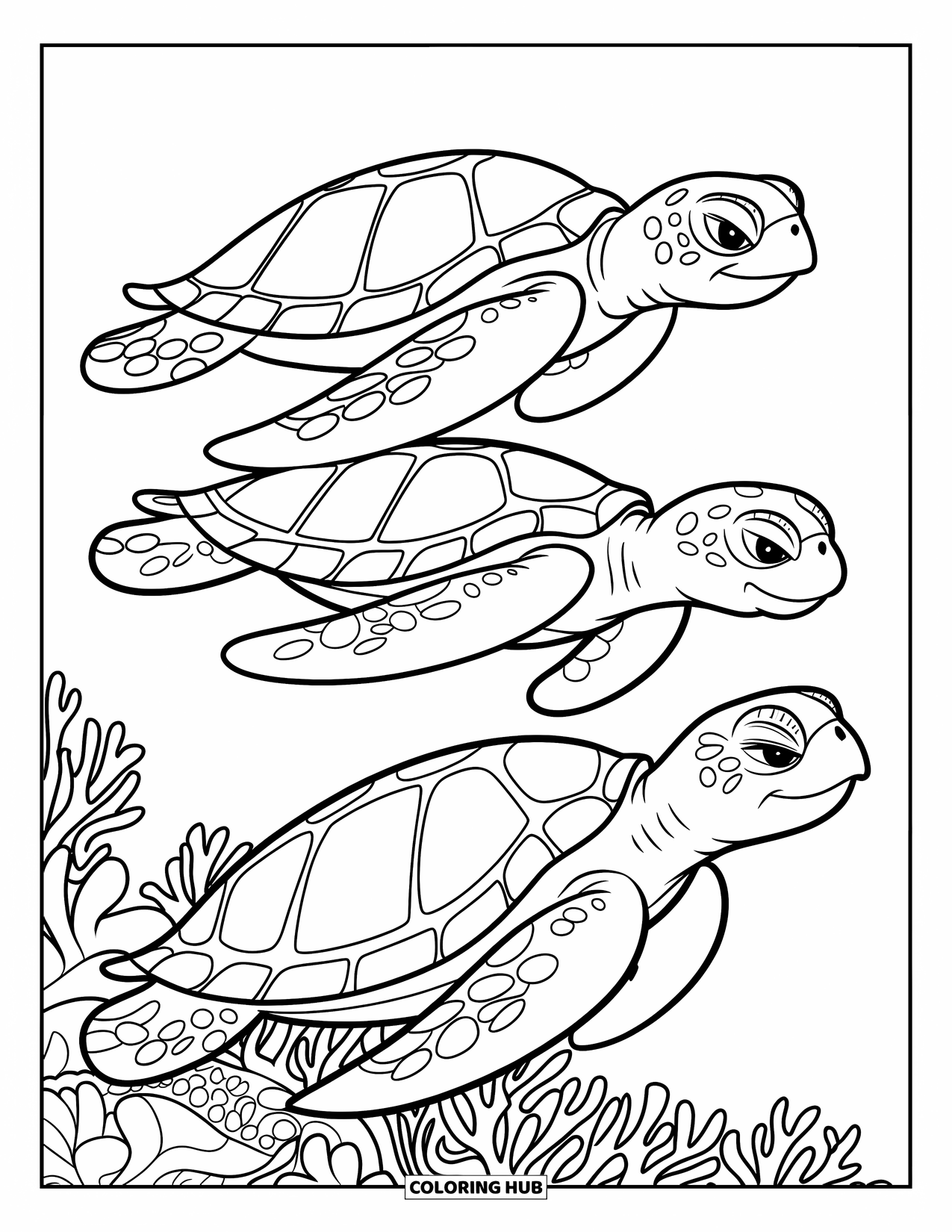 Hawaiian Coloring Page for Kids: Three sea turtles swimming above detailed Hawaiian coral
