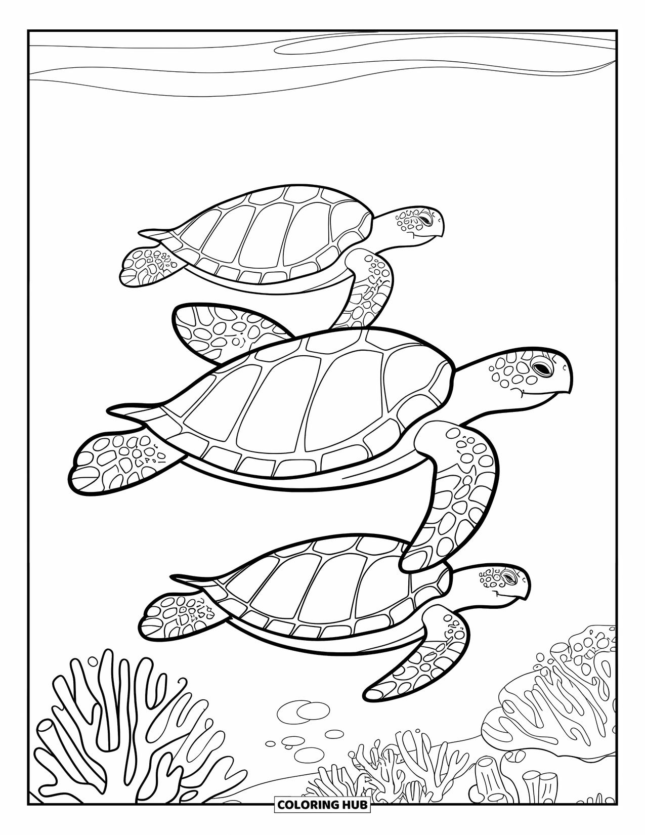 Hawaiian Coloring Page for Kids: Three turtles swimming with detailed coral below