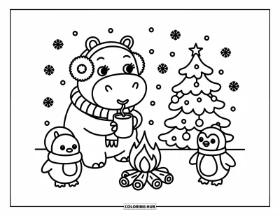 Coloriage d'hippopotame pour adultes : Un hippopotame emmitouflé sirote du cacao près d'un feu avec un pingouin et un arbre festif