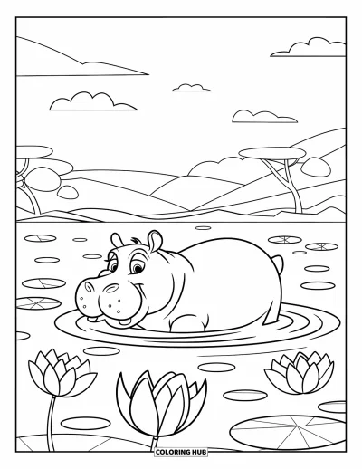 Coloriage d'hippopotame pour adultes : Un hippopotame calme flotte parmi les pétales de lotus et les vagues sous un ciel doux et nuageux