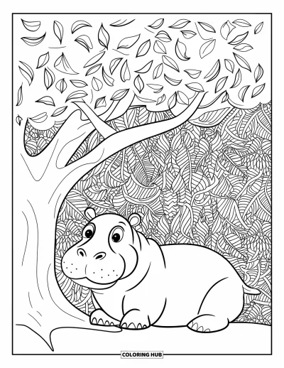 Coloriage d'hippopotame pour adultes : Un hippopotame calme est allongé sous un arbre entouré de feuilles à motifs