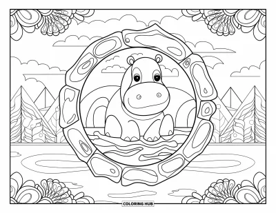 Coloriage d'hippopotame pour adultes : Un hippopotame calme se repose dans l'eau avec des bordures florales et des motifs abstraits tout autour