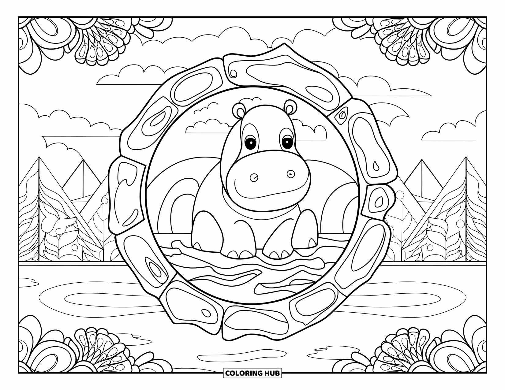 Disegno di ippopotamo da colorare per adulti: Un ippopotamo calmo riposa nell'acqua con bordi floreali e motivi astratti tutt'intorno