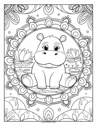 Coloriage d'hippopotame pour adultes : Un hippopotame calme se repose avec des fleurs de lotus et un fond de mandalas floraux