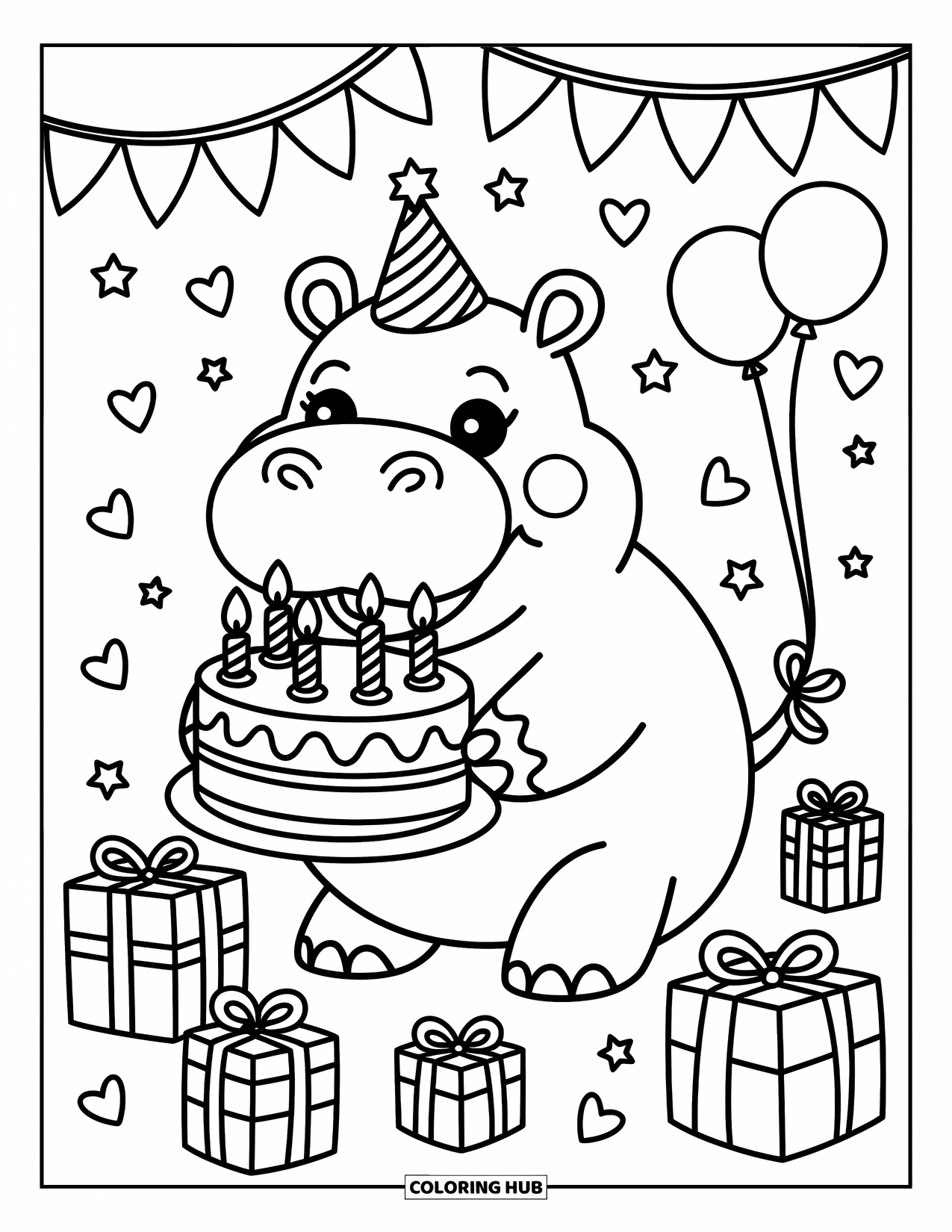 Disegno di ippopotamo da colorare per adulti: Un ippopotamo allegro tiene una torta, circondato da regali, palloncini e coriandoli a forma di cuore