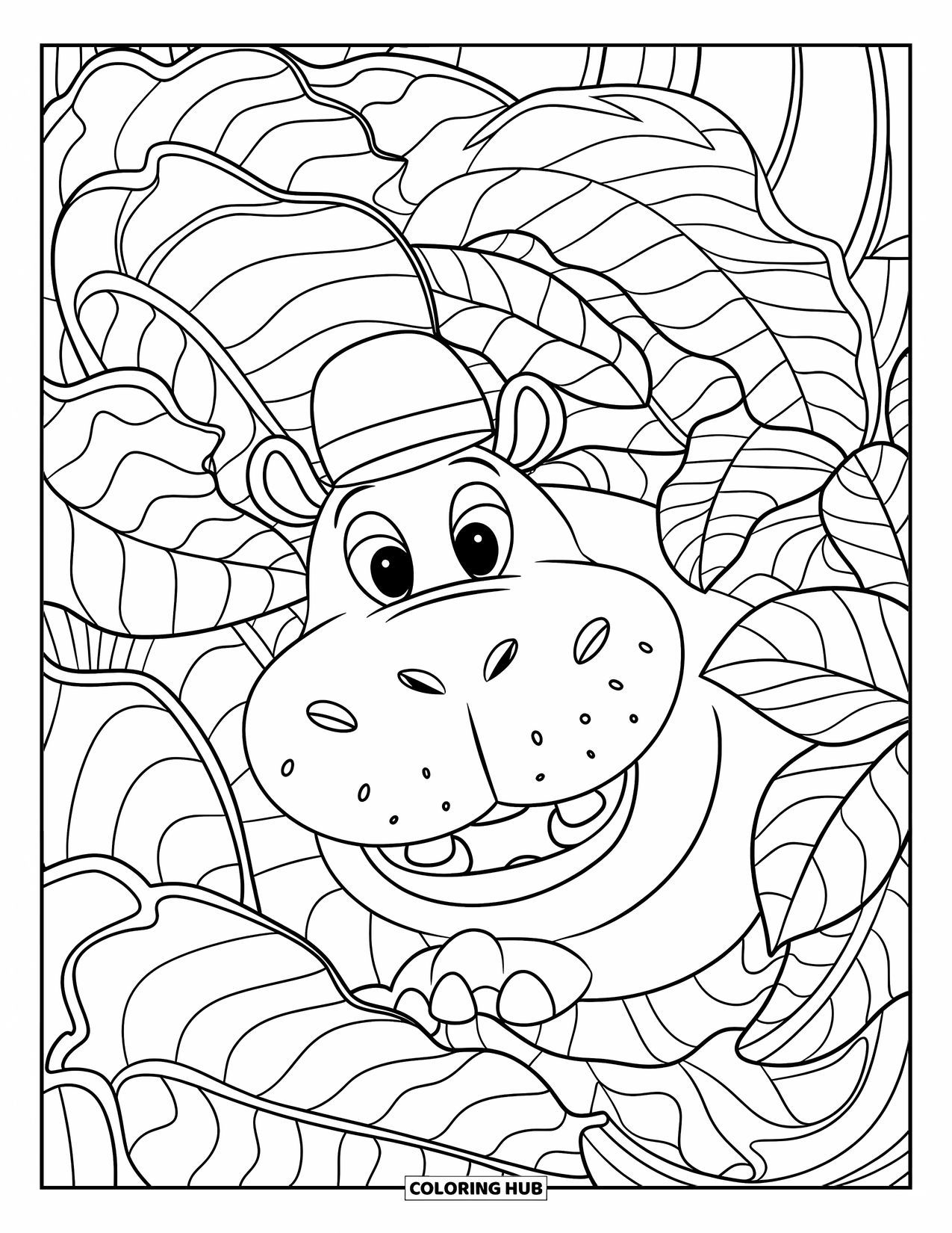 Disegno di ippopotamo da colorare per adulti: Un ippopotamo allegro con un cappello di foglie si nasconde tra le lussureggianti foglie della giungla