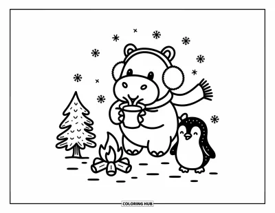 Coloriage d'hippopotame pour adultes : Un hippopotame confortable déguste un chocolat chaud avec un pingouin à côté d'un arbre enneigé