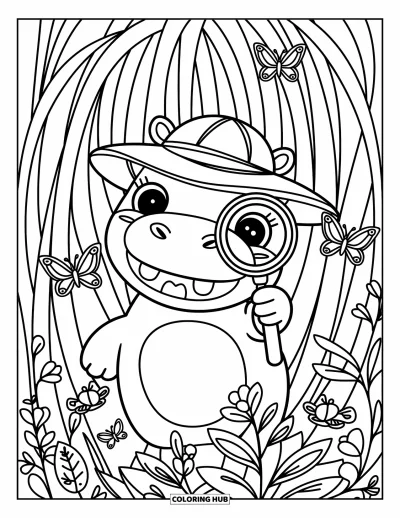 Coloriage d'hippopotame pour adultes : Un hippopotame curieux avec un chapeau explore la jungle avec des insectes et des papillons