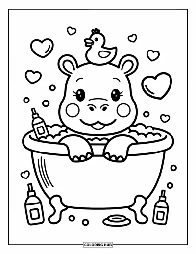 Coloriage d'hippopotame pour adultes : Un hippopotame mignon profite d'un bain moussant avec des jouets, des bouteilles et des cœurs flottants