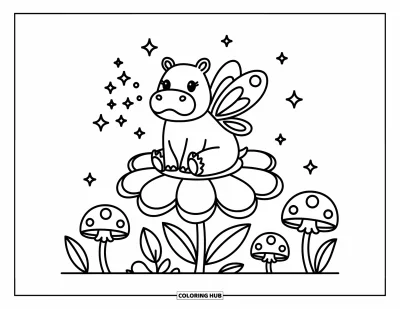 Coloriage d'hippopotame pour adultes : Un hippopotame féerique sur une fleur répand des étincelles parmi les étoiles et de minuscules champignons